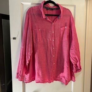 Lane Bryant button up linen blend pink distressed shirt, size 24/28